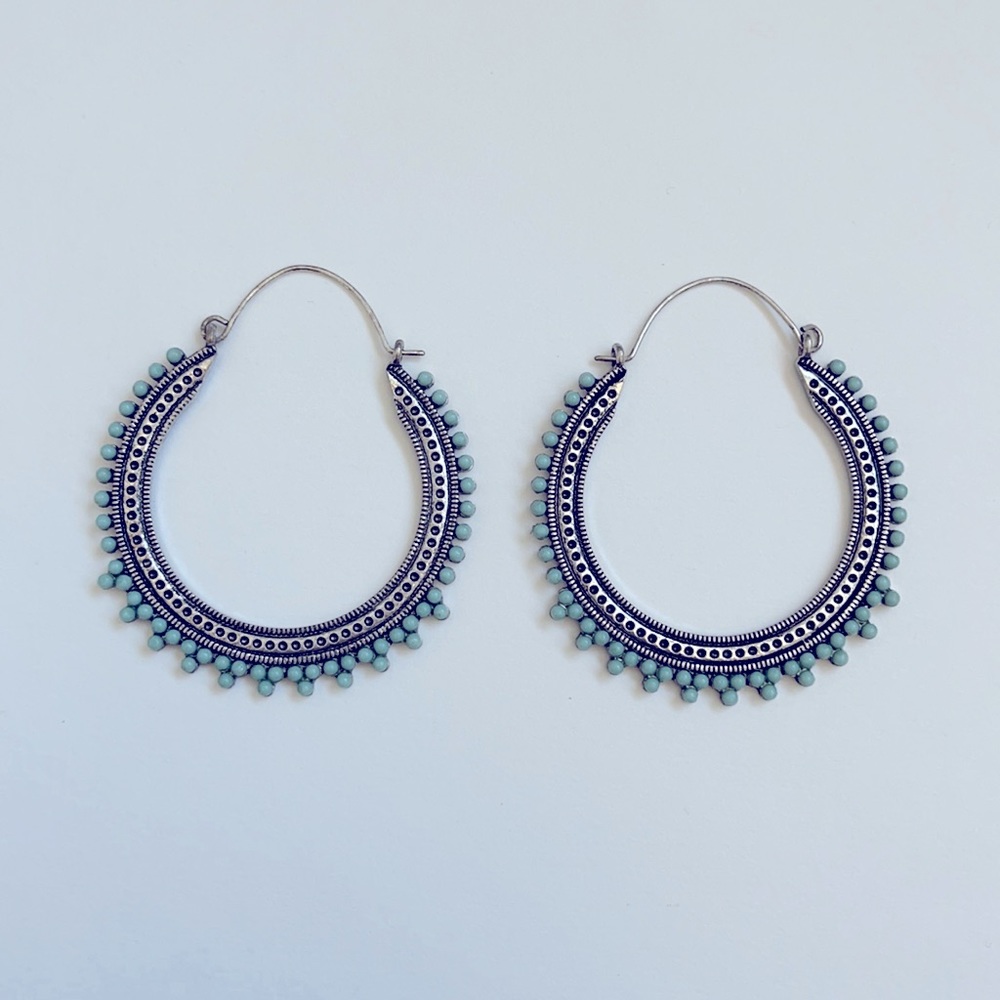Large Silver Beaded Turquoise Hoops